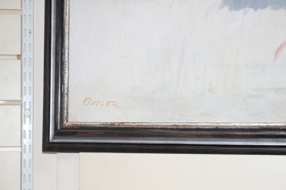 Tony Butler (South African, 1959-), oil on board, Flamingos ascending, signed, 69 x 120cm